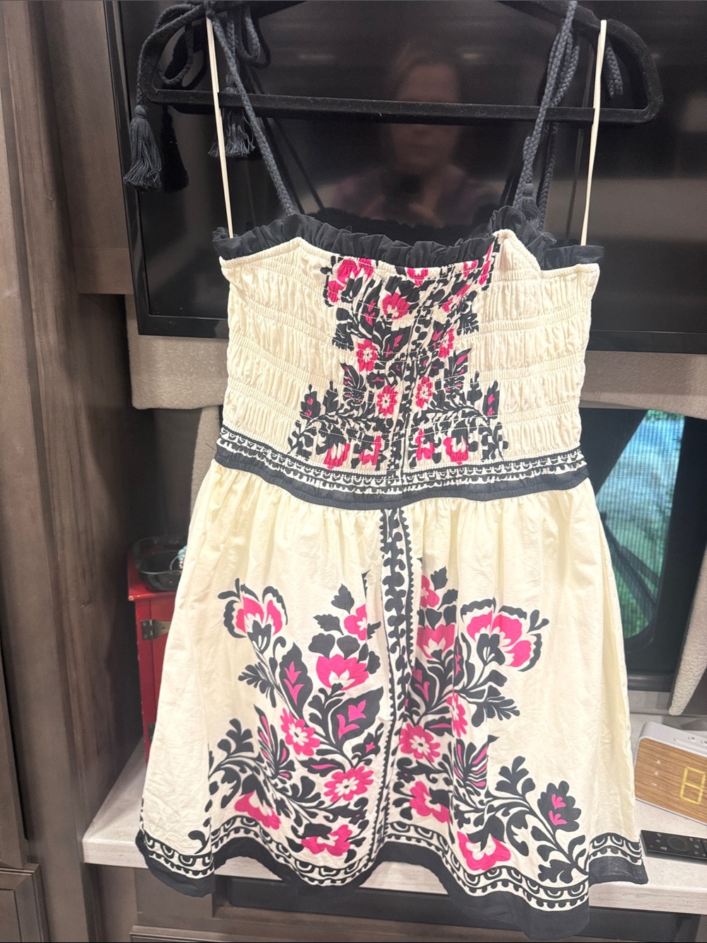 Mi ami for Francesca’s Cream Sundress with Black and Hot Pink Floral design
